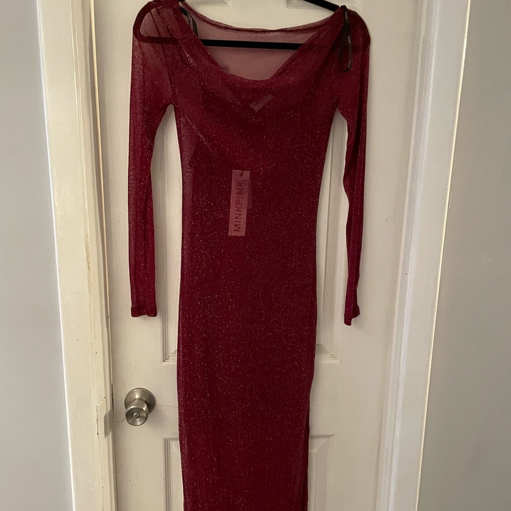 New Lulus Maroon sparkly mess long sleeve dress